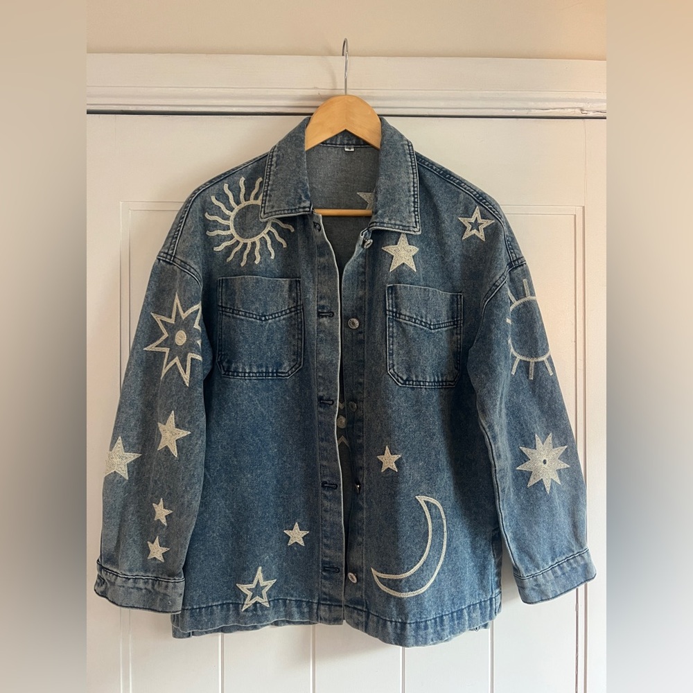 Embroidered Celestial Denim Jacket - Blue with White Stars & Moon